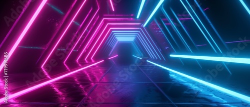 abstract neon background with ascending pink and blue glowing lines, vibrant and colorful laser rays.