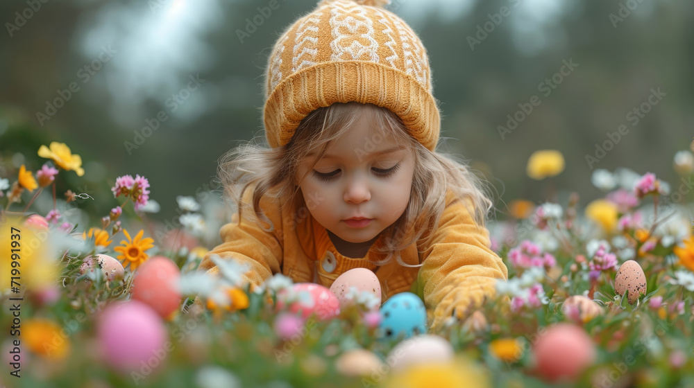 Child In Yellow Discovering Easter Joy Among Spring Flowers Child In Yellow Discovering Easter Joy Among Spring Flowers