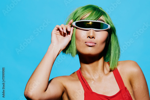 Woman cute wig summer trendy portrait smile sunglasses swimsuit beauty fashion