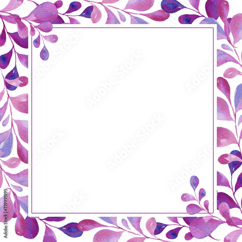 watercolor square frame with pink and magenta leaves, gradient in illustration, sketch, purple and violet color, herbal ornament, white background