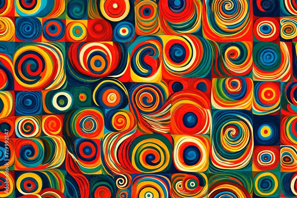 Spirals of retro allure grace the canvas in an abstract illustration, forming a seamless pattern of squares against a backdrop of lively primary colors.