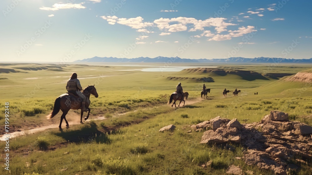 Mongolian People riding horse for travel