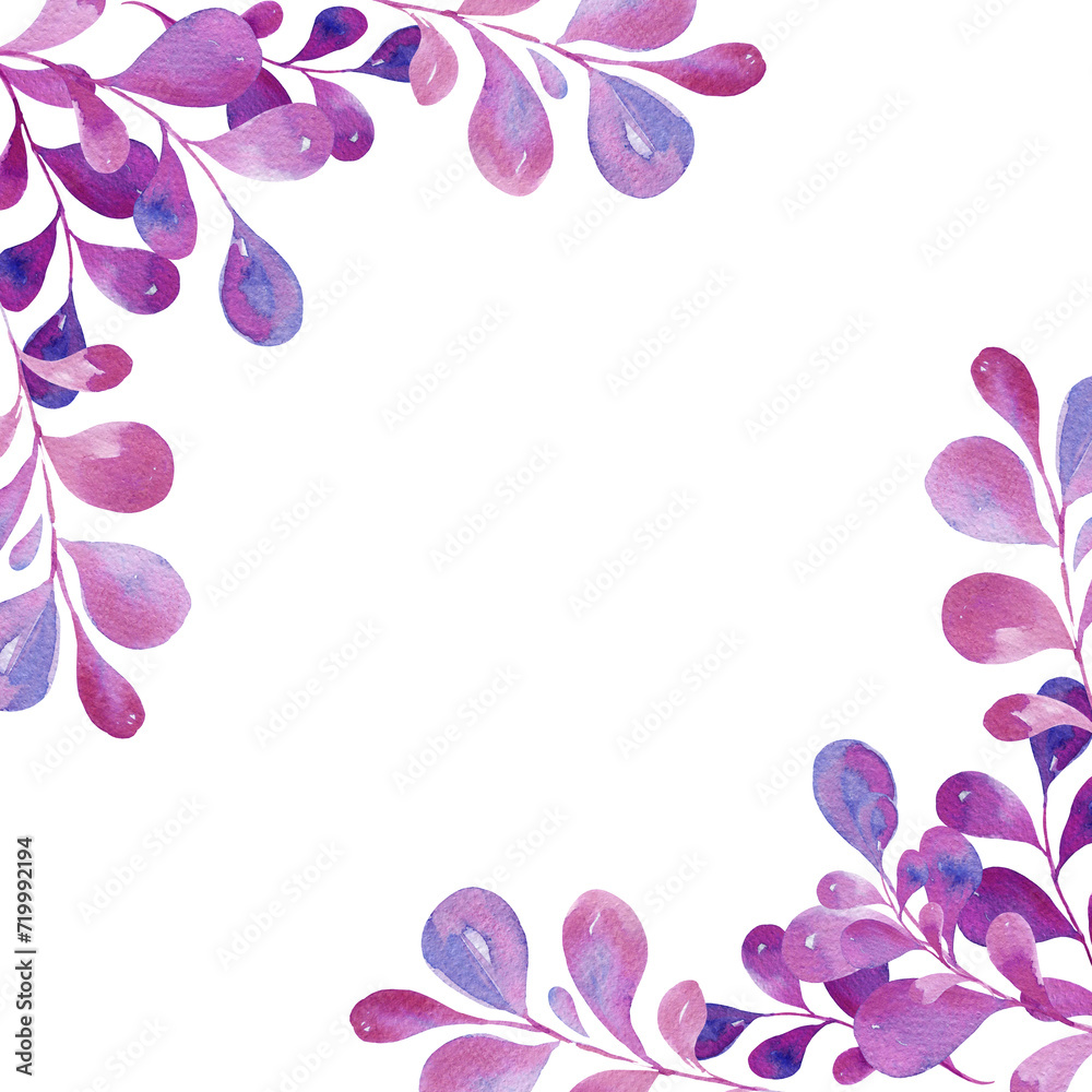 watercolor square frame with pink and magenta leaves, gradient in illustration, sketch, purple and violet color, herbal ornament isolated on white background