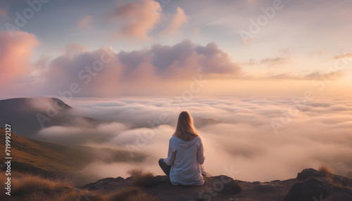  young woman sitting on a mountain top peacefully © Iqra