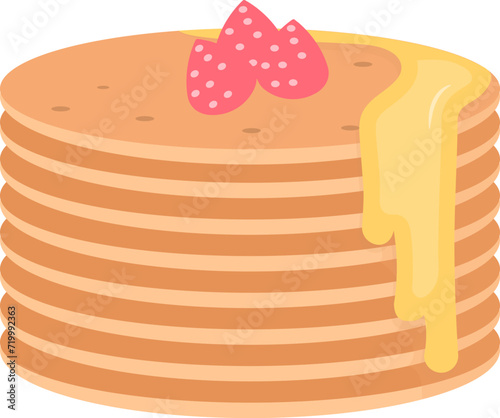 Homemade american pancakes with fresh raspberries and honey. Healthy morning breakfast. cartoon vector style