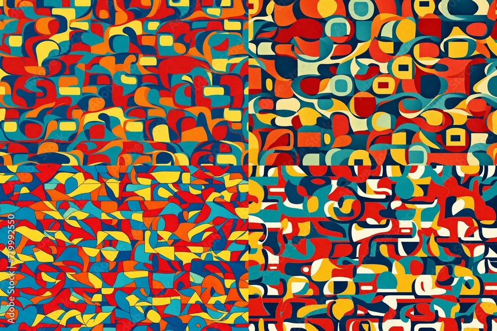 Playful and vibrant, an illustration features interlocking squares in a retro-style print, creating a seamless pattern against a backdrop of trendy primary colors. Playful and vibrant, an illustration features interlocking squares in a retro-style print, creating a seamless pattern against a backdrop of trendy primary colors.