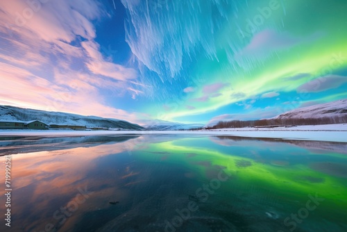 vivid aurora reflected in icy lake surface