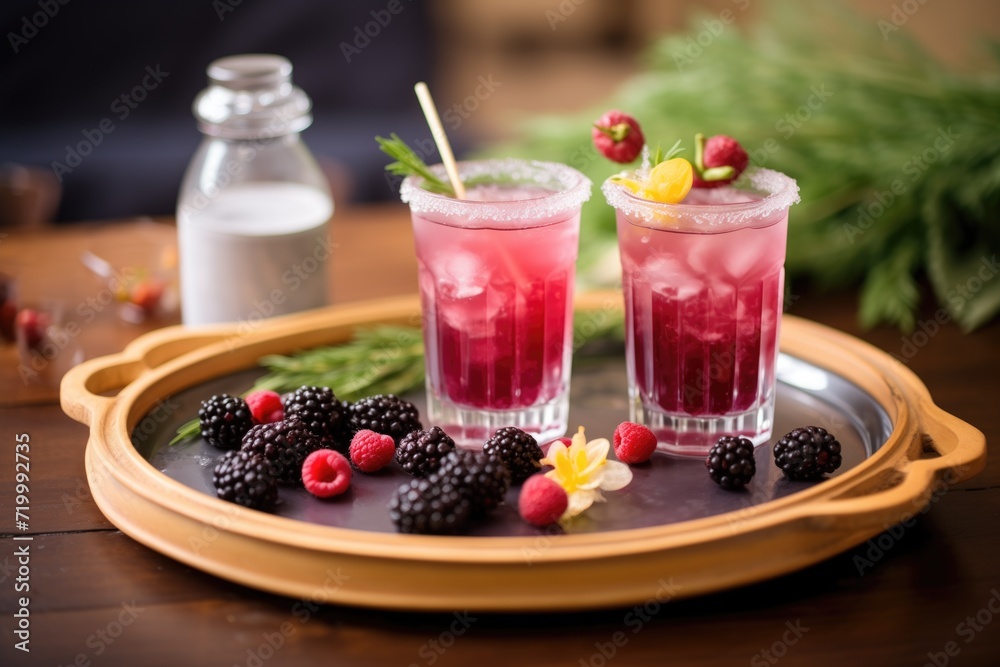 round tray with glasses of blackcurrant soda, garnished with berries round tray with glasses of blackcurrant soda, garnished with berries