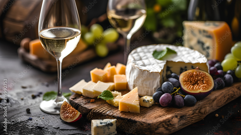 Delicious cheese plate and glass of white wine