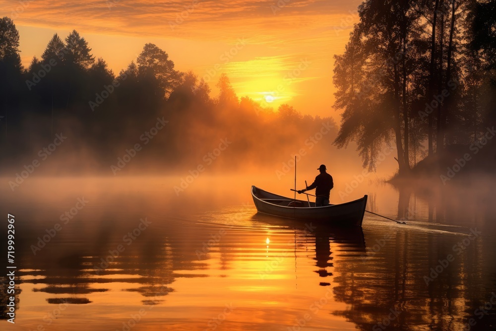 Tranquil fishing landscapes at sunrise and sunset with beautiful natural elements