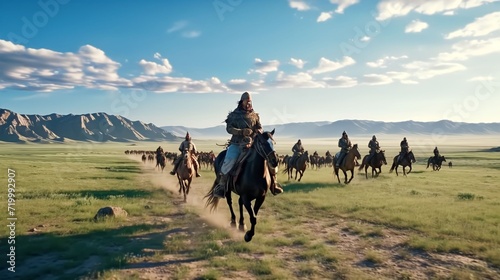 Mongolian People riding horse for travel