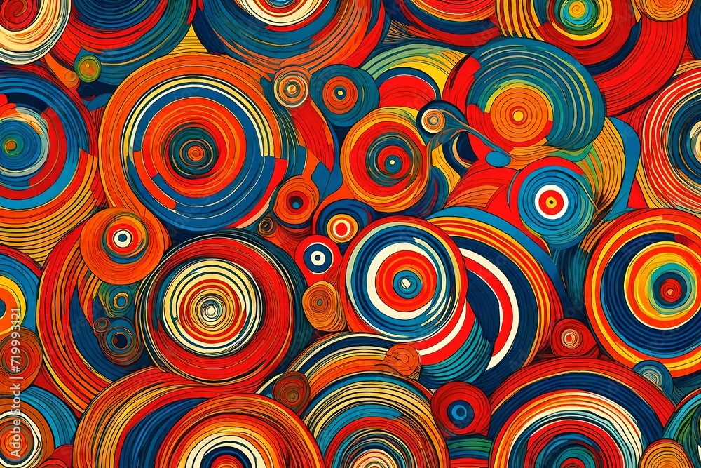 Spirals of retro allure grace the canvas in an abstract illustration, forming a seamless pattern of circles against a backdrop of lively primary colors. Spirals of retro allure grace the canvas in an abstract illustration, forming a seamless pattern of circles against a backdrop of lively primary colors.
