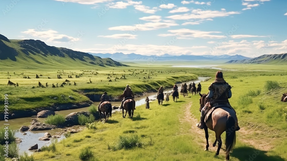 Mongolian People riding horse for travel