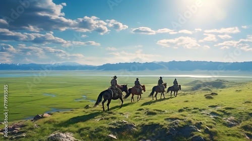 Mongolian People riding horse for travel © Zidane