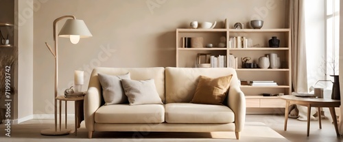 a minimalist living room with a beige sofa and a bookcase behind the sofa