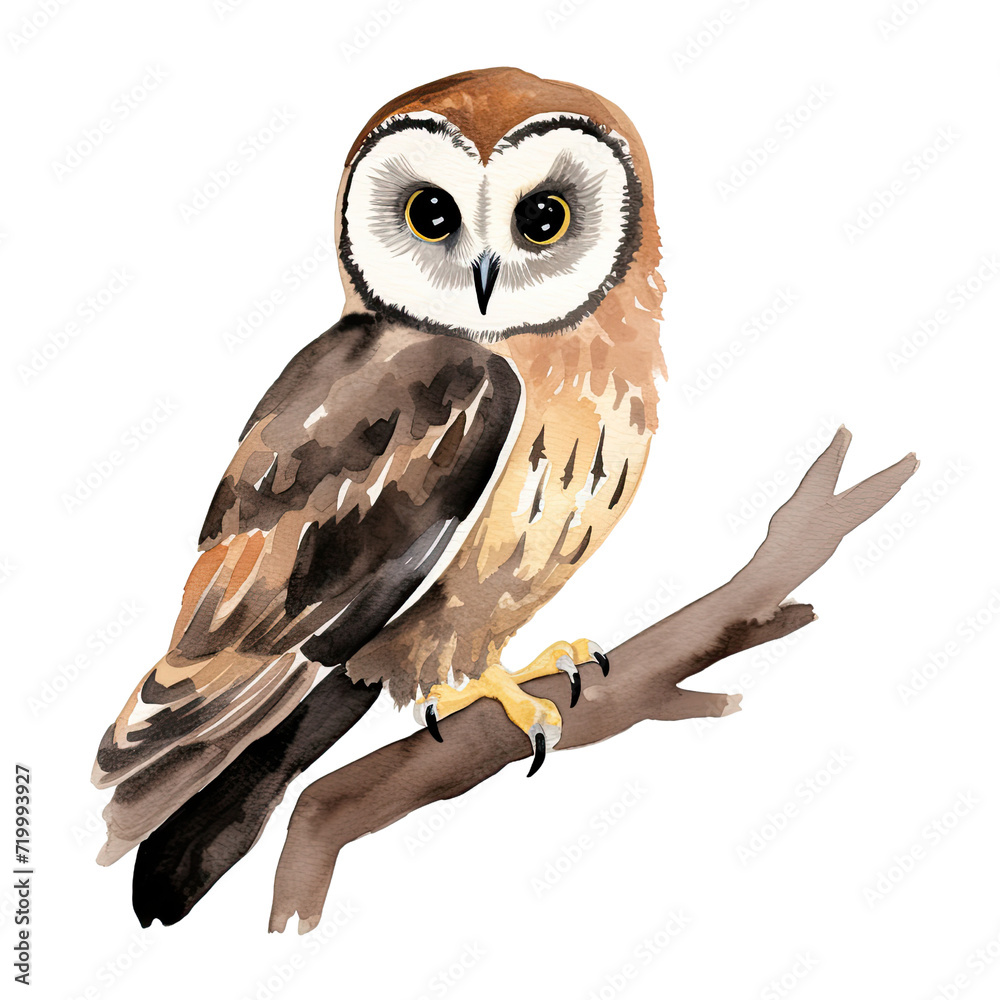 Fototapeta premium AI-generated watercolor Owl sitting on a branch clip art illustration. Isolated elements on a white background.