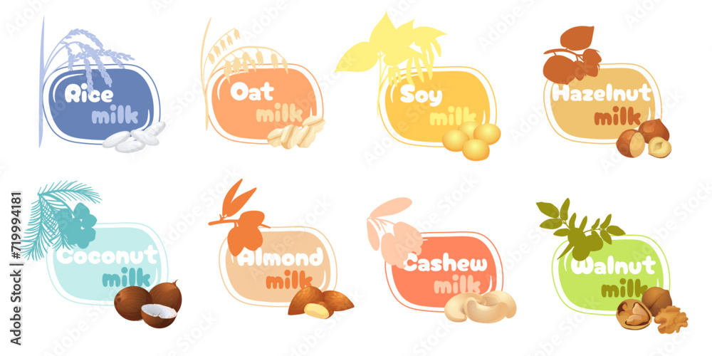 Set of flat vector illustrations of different types of plant milk: coconut milk, almond milk, rice milk, oat milk, walnut milk, cashew milk, hazelnut milk and soy milk.