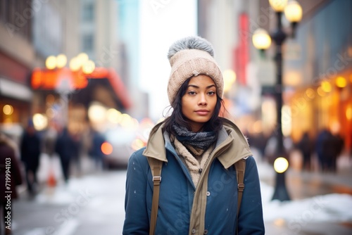 individual in layered winter fashion on a city street