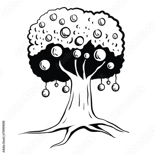 Olive Tree Vector Line Art Black and White Illustration