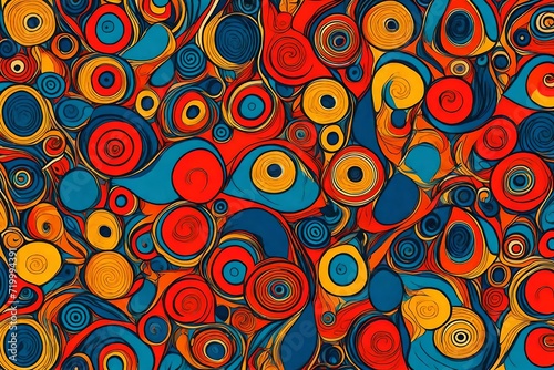 Whirls of retro charm grace an illustration, creating a seamless pattern with organic shapes that burst forth in vibrant primary colors.