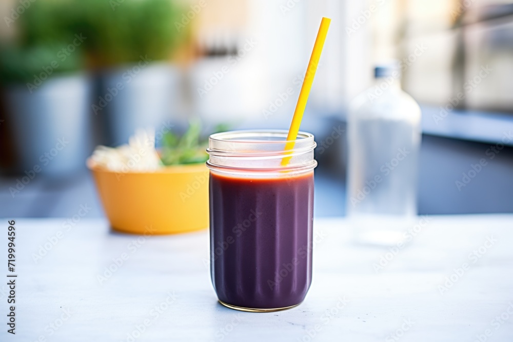 a close-up image of purple cold-pressed juice with reusable straw a close-up image of purple cold-pressed juice with reusable straw