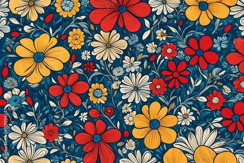 Whirling flowers come alive in a retro-style print  forming a seamless pattern that exudes creativity against a backdrop of trendy primary colors.