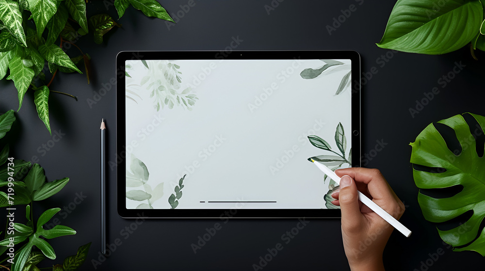 Close-up hand woman using digital tablet isolated on white background clipping path inside, mock-up digital black tablet, generative ai - obrazy, fototapety, plakaty 