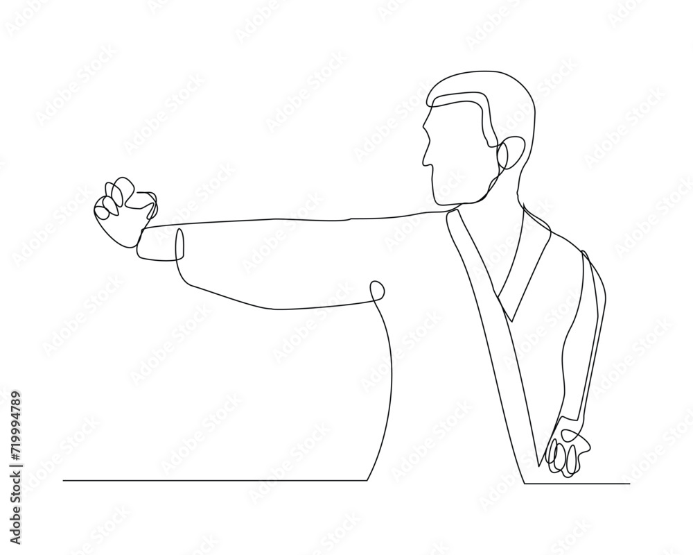 Continuous single line sketch drawing of young man confident karateka in kimono practicing karate combat. One line traditional martial art sport training concept Vector illustration