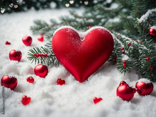 Red hearts, fir tree branch and red berries on snow background. Saint Valintine's composition ai
