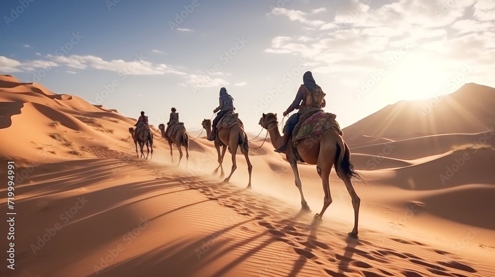 Fototapeta premium People riding camels in the desert for travel