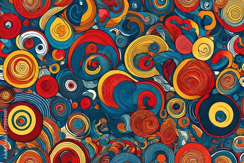 Whirls of creativity take shape in an illustration  featuring a seamless pattern adorned with organic shapes and the lively brilliance of primary colors.