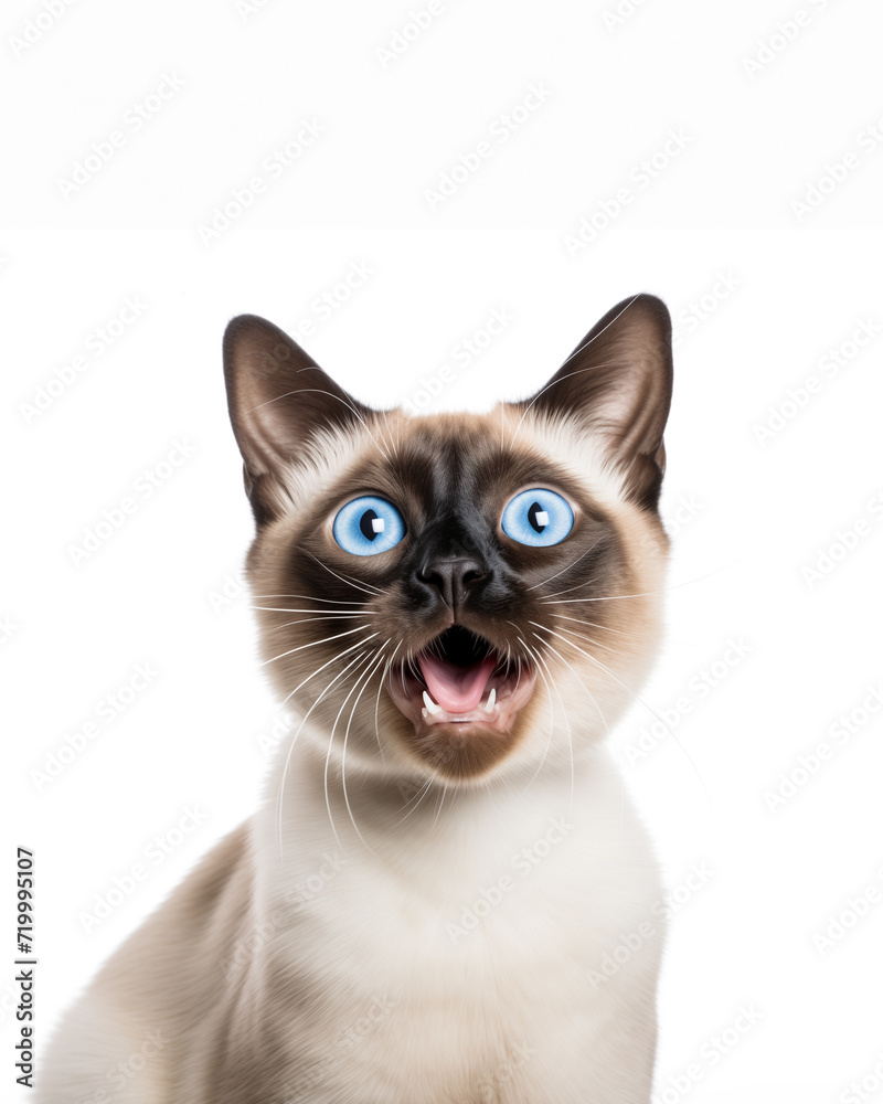 Siamese cat with blue eyes looking at camera on white background
