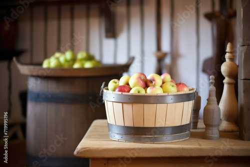 basket of apples beside a cider press photo