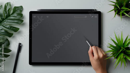 Close-up hand woman using digital tablet isolated on white background clipping path inside, mock-up digital black tablet, generative ai photo