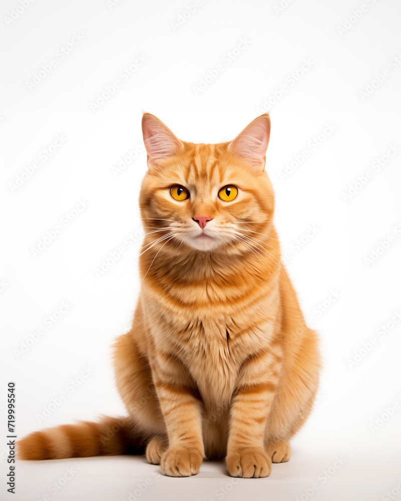 Orange cat looking at camera on white background