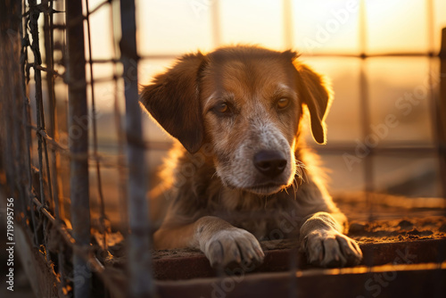 Dog Behind Fence at Sunset