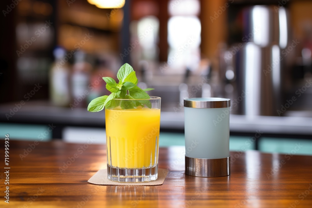 glass of mango juice on bar top with metal shaker and mint garnish glass of mango juice on bar top with metal shaker and mint garnish