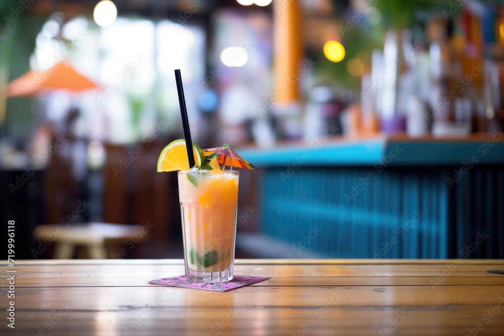 tropical bar setting, juice in tumbler with straw tropical bar setting, juice in tumbler with straw