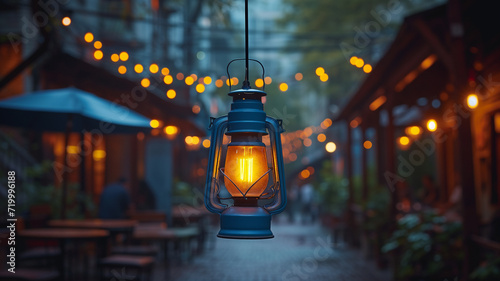 Antique kerosene lamp/Lantern on the street at night, close-up 
