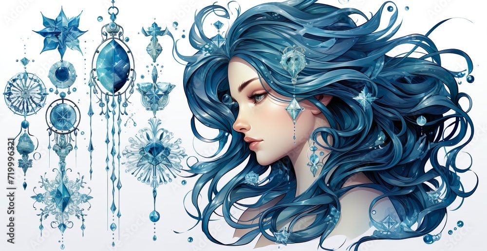 profile of woman with blue hair and dreamcatcher decoration profile of woman with blue hair and dreamcatcher decoration