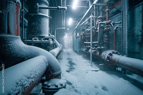 An industrial boiler room covered in snow and complex piping emitting steam, conveying a feeling of cold yet functional warmth.
