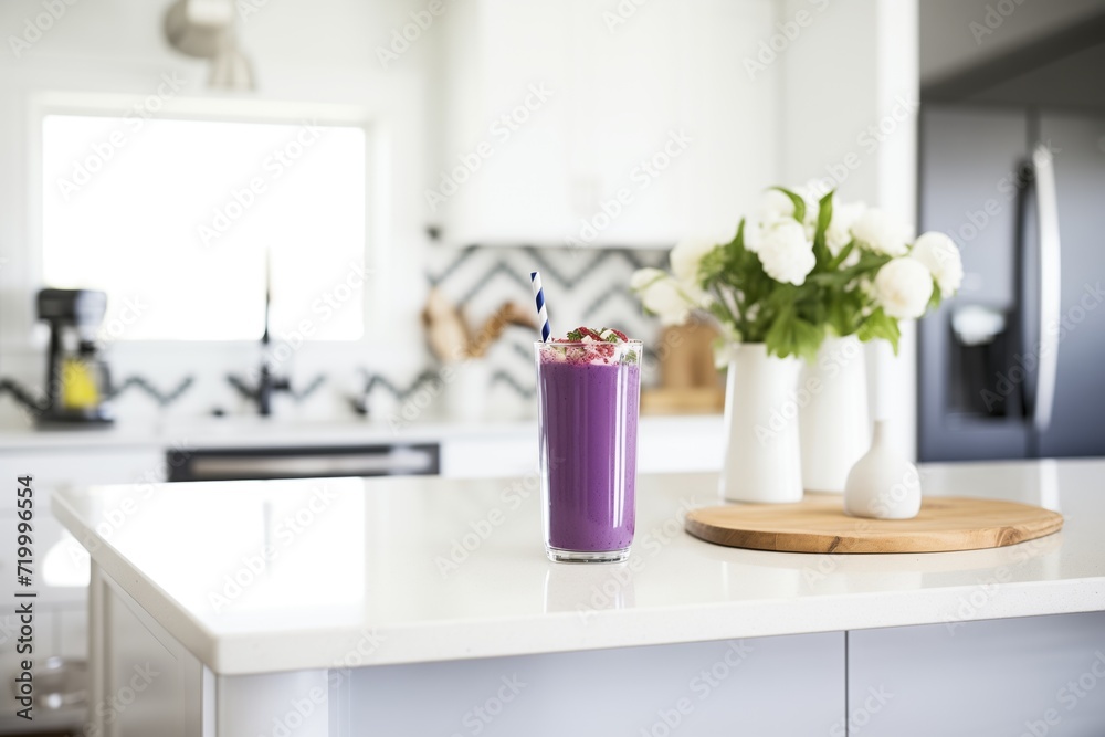 purple smoothie, stark white countertop