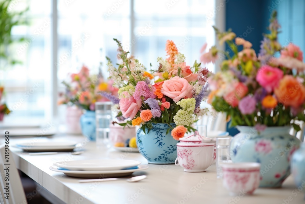 blue and pink floral arrangements on a festive table