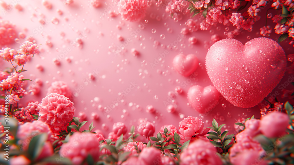 Obraz premium Valentine's day background with hearts and flowers on pink. Valentines day background. Be my valentine theme. Valentine celebration concept. Greeting card whit bokeh lights in the background
