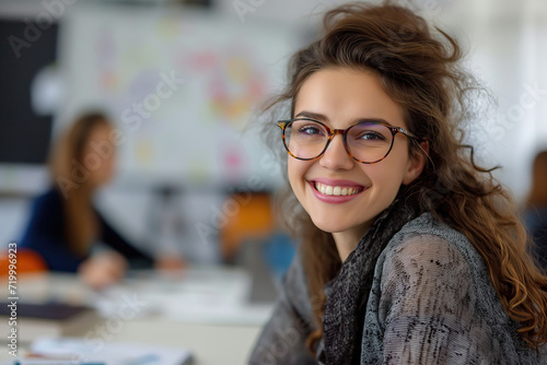 Happy young woman with glasses smile in classroom during training program, whiteboard blurred in background with copy space