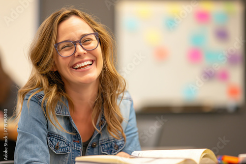 Happy young woman with glasses laugh in classroom during training program, whiteboard blurred in background with copy space
