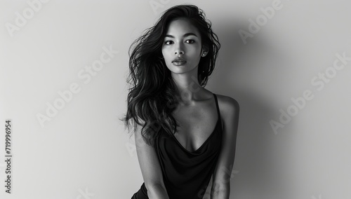 Asian woman in black, monochrome portrait.