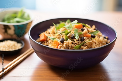 brown rice and black beans in a ceramic bowl