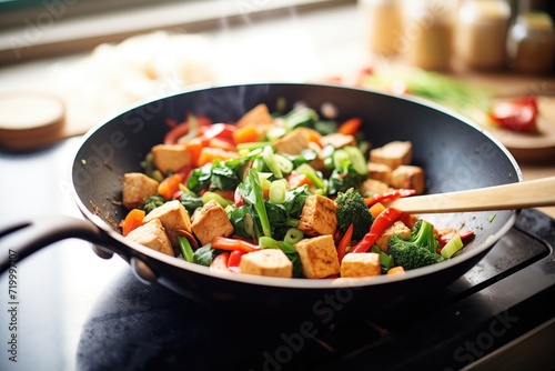 tofu stir fry with mixed vegetables in wok