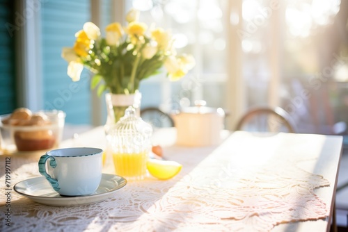 sunlight illuminating a high tea setting with a lace tablecloth